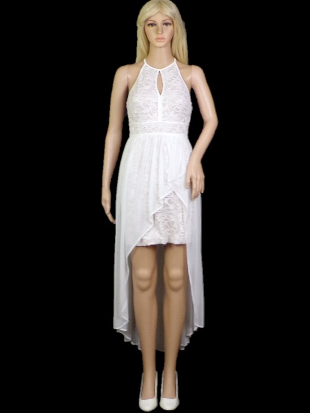 MORGAN & CO. size 2 white lace/chiffon backless OTS hi-lo party/cocktail dress